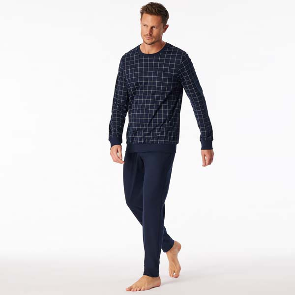 Schiesser heren pyjama Fine Interlock nachtblauw geruit grote en slanke lange maten